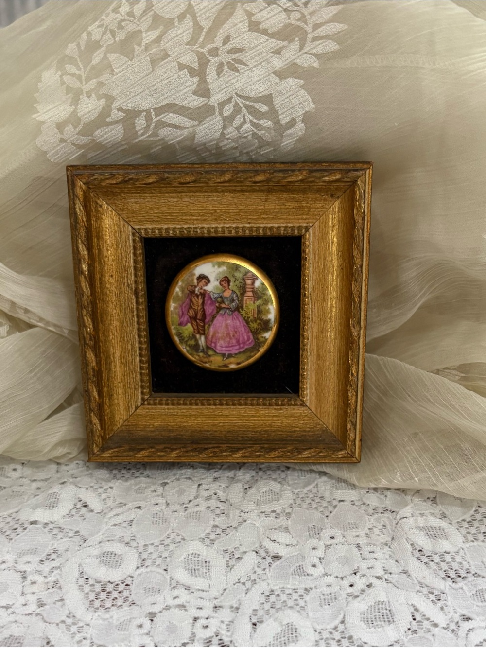 Vintage Miniature Framed Courting Scene – Tiny Gold Ornate Romantic Art